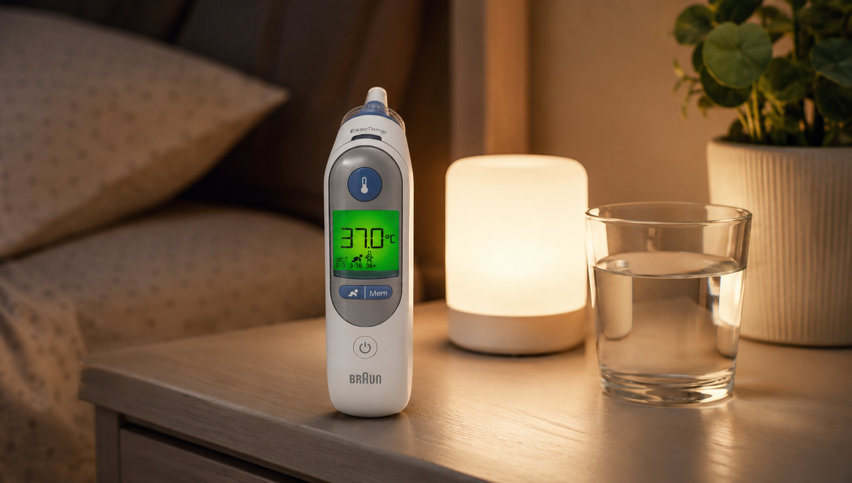 Braun ThermoScan 7 ear thermometer on a bedside table at night