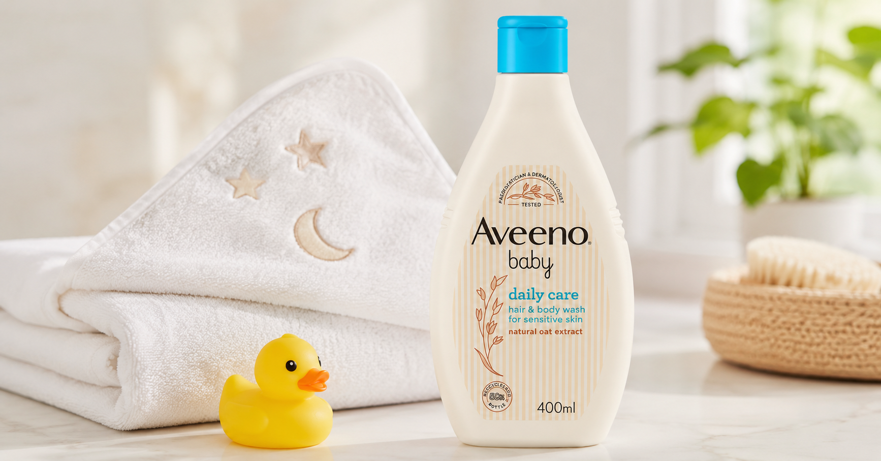Aveeno baby 2-in-1 wash bottle next to a hooded baby towel