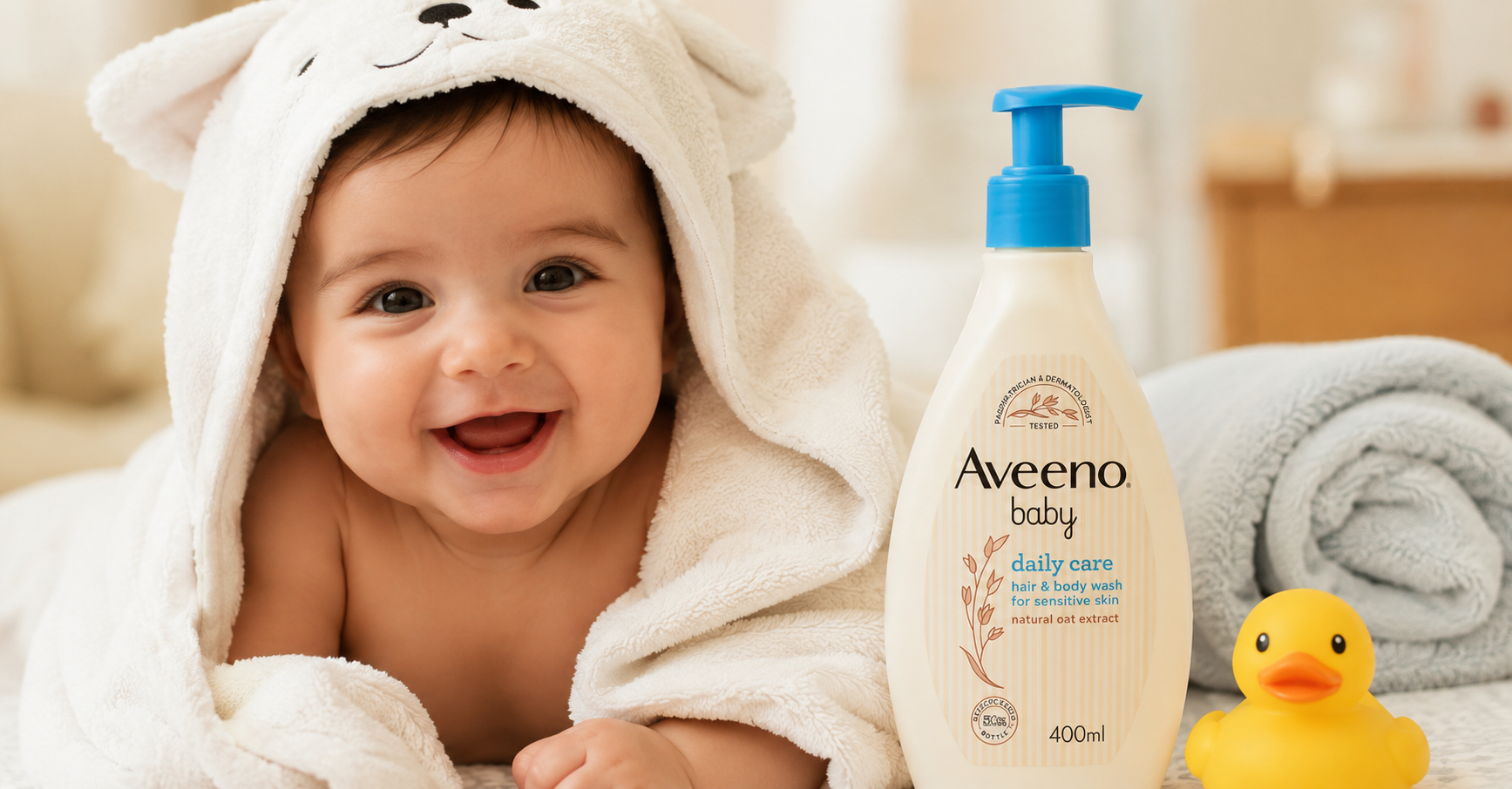 Baby wrapped in a hooded towel after a gentle bath routine