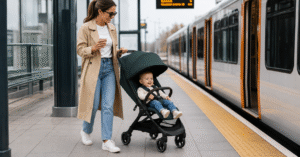 Silver Cross Clic 2 compact stroller in Conifer green on a UK street