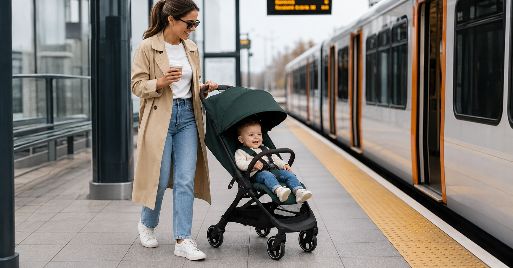 Silver Cross Clic 2 compact stroller in Conifer green on a UK street