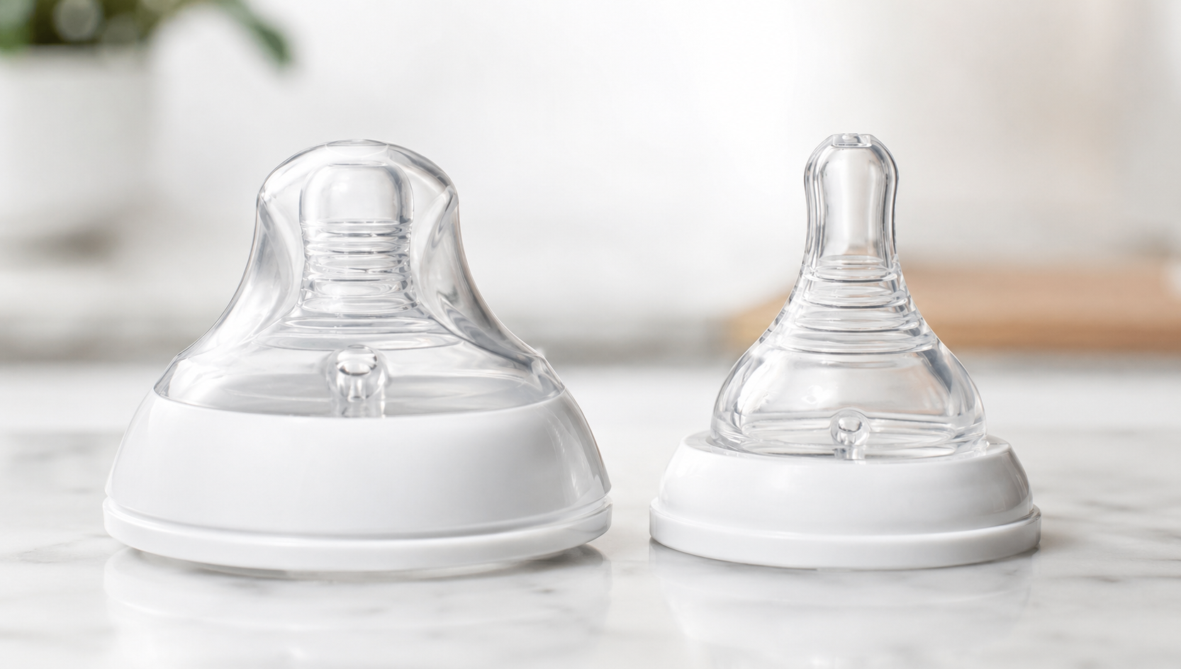 Tommee Tippee breast shaped teat compared with a standard narrow teat