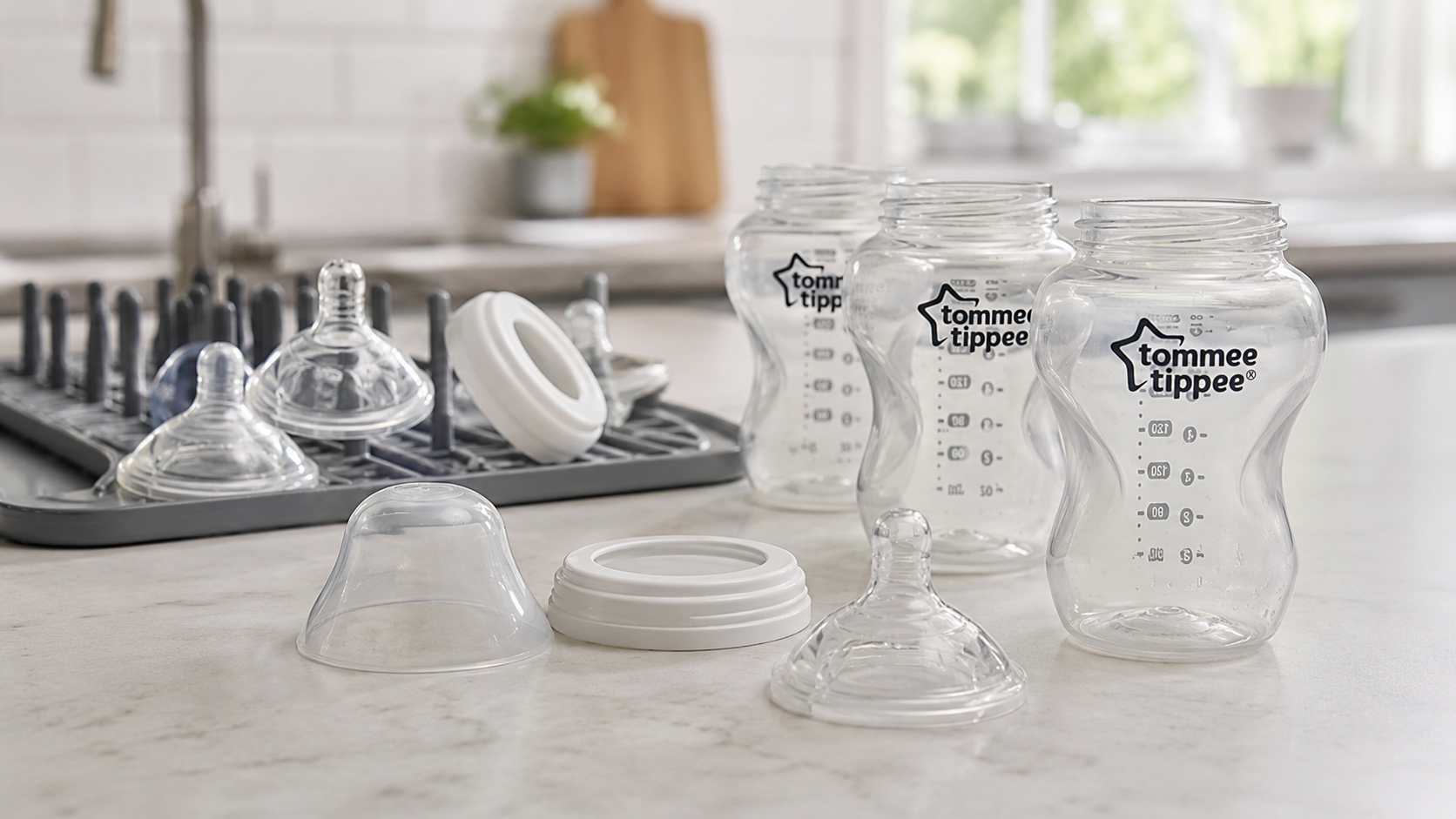 Tommee Tippee bottles and parts drying on a rack after sterilising