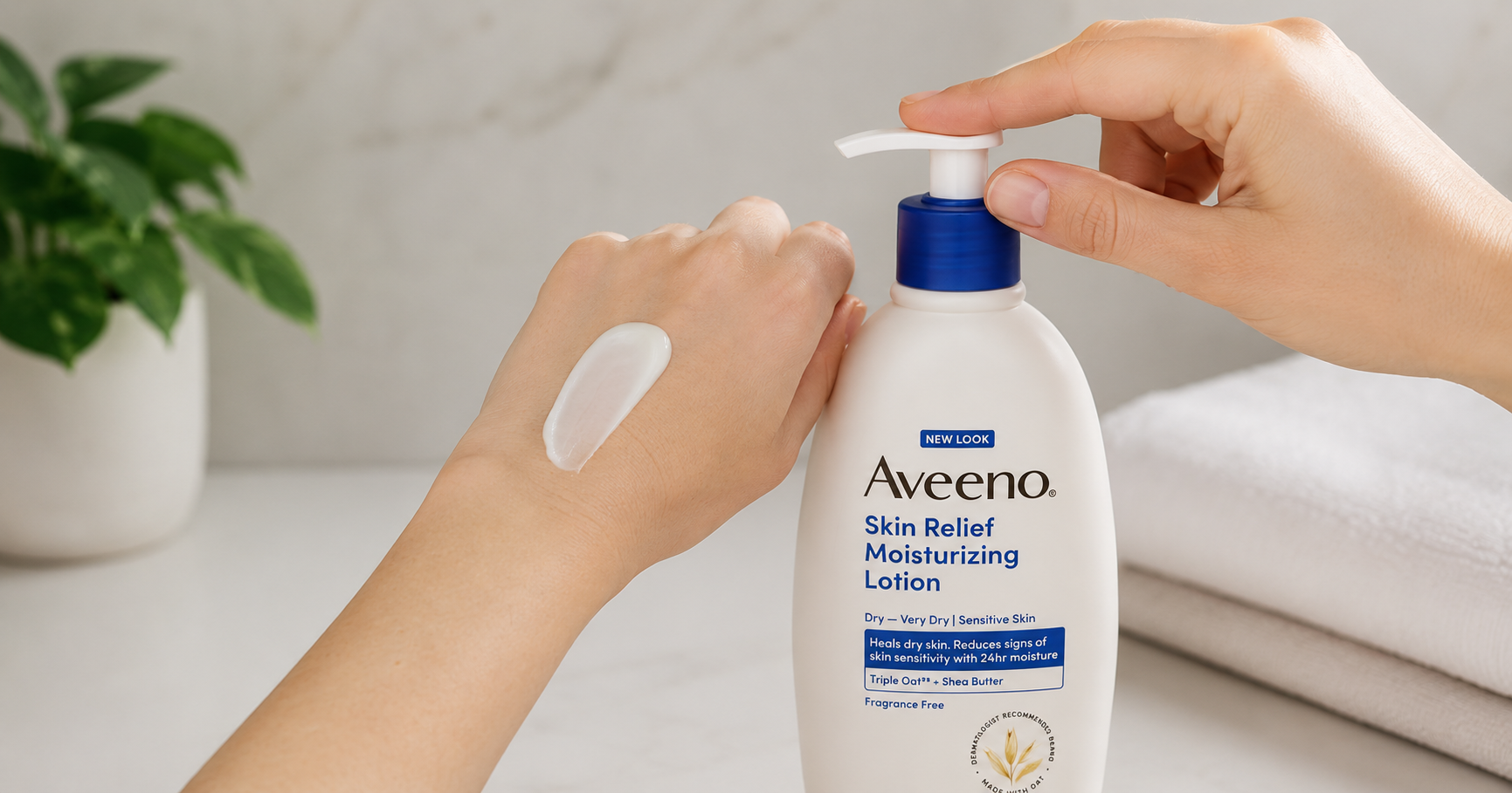 Texture swatch of Aveeno Skin Relief lotion on dry skin