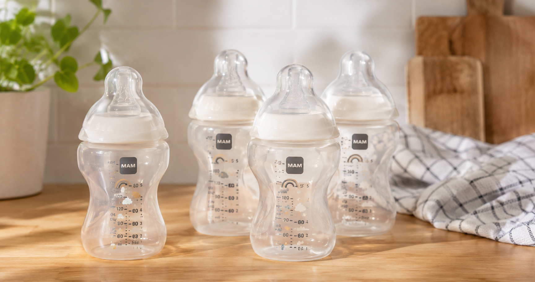 MAM Easy Start anti colic baby bottles 4 pack on a kitchen counter