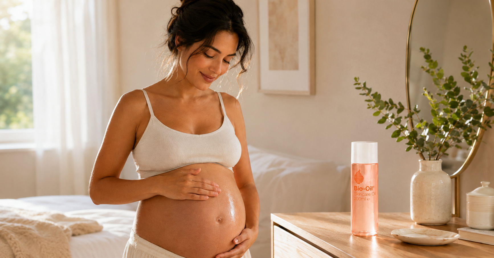 Pregnant woman applying Bio-Oil to her bump to help with stretch marks