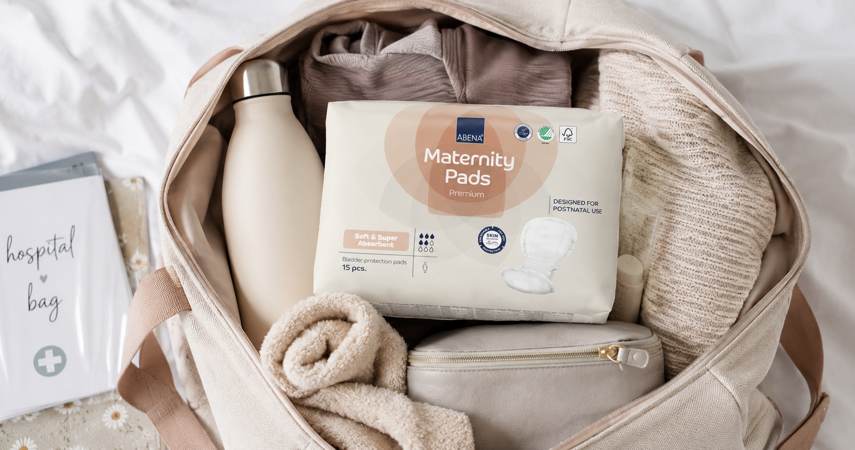 Abena premium maternity pads in a packed hospital bag
