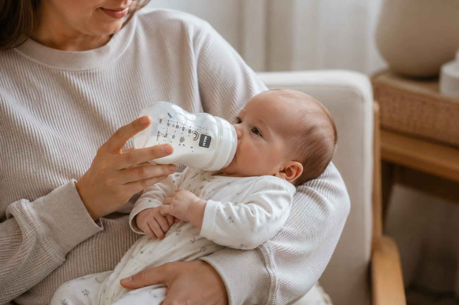 Parent pace feeding a newborn with a MAM anti colic bottle